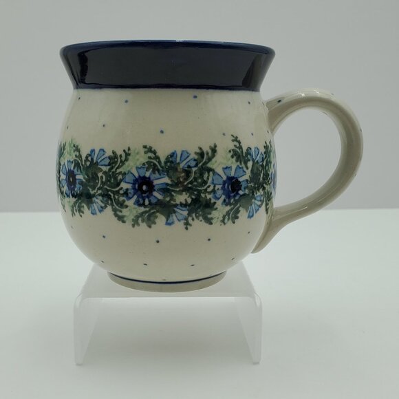 Polish Pottery Dotted Violet Bubble Mug Blue Flowers & Dots Round Mug - Picture 1 of 8